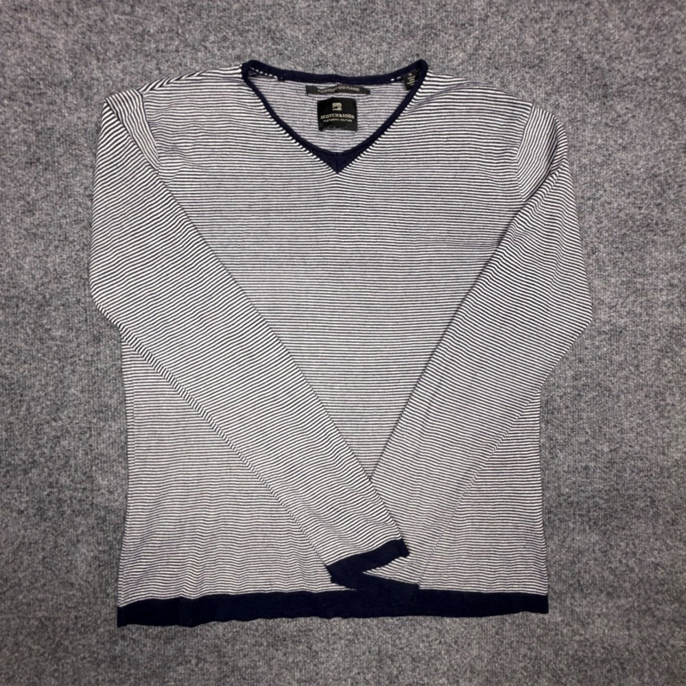 Scotch & Soda Amsterdam Couture Striped V-Neck Long Sleeve Top Navy White Medium